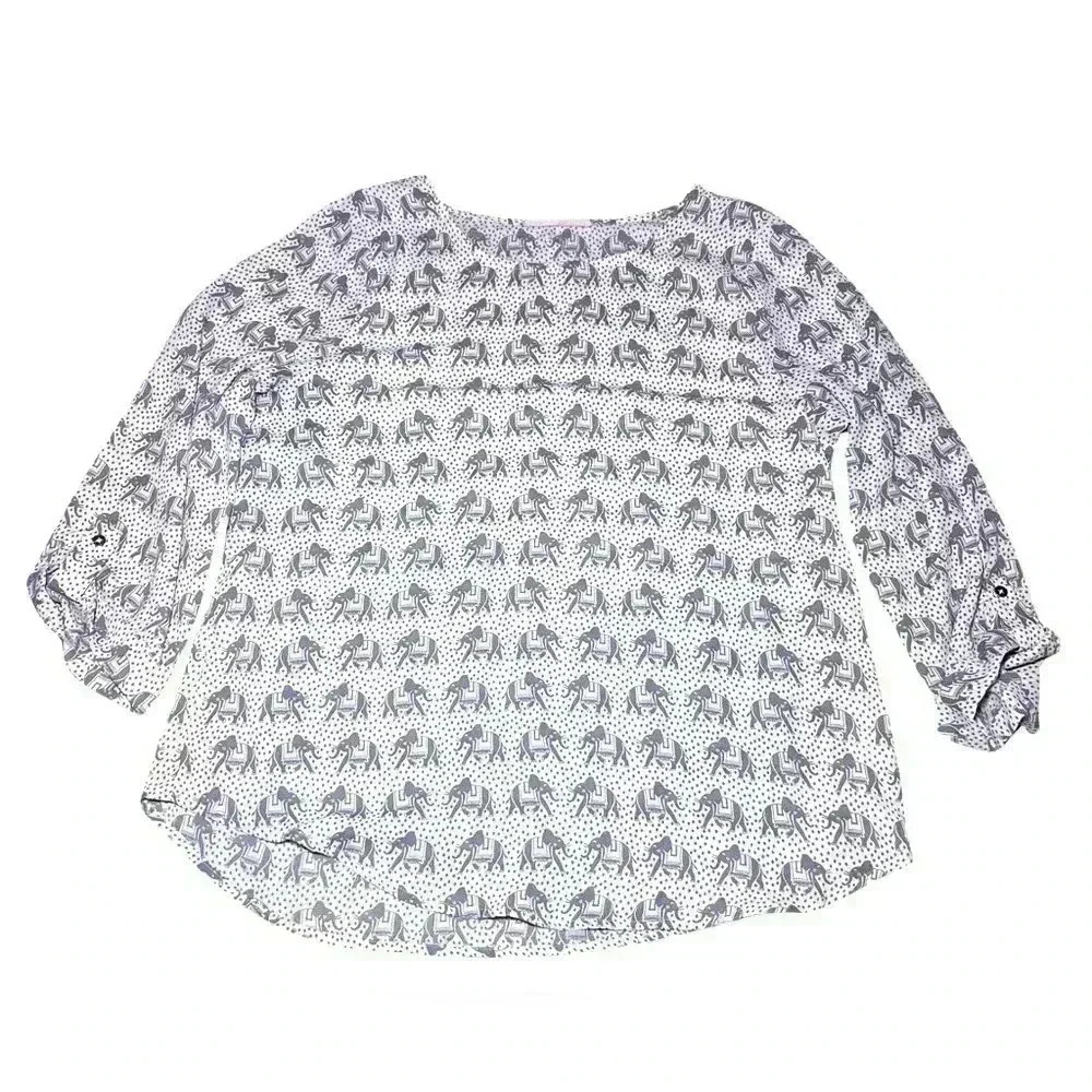 41 Hawthorn Top Womens Medium Gray Ivory Elephant Print Long Sleeve Boho Artsy